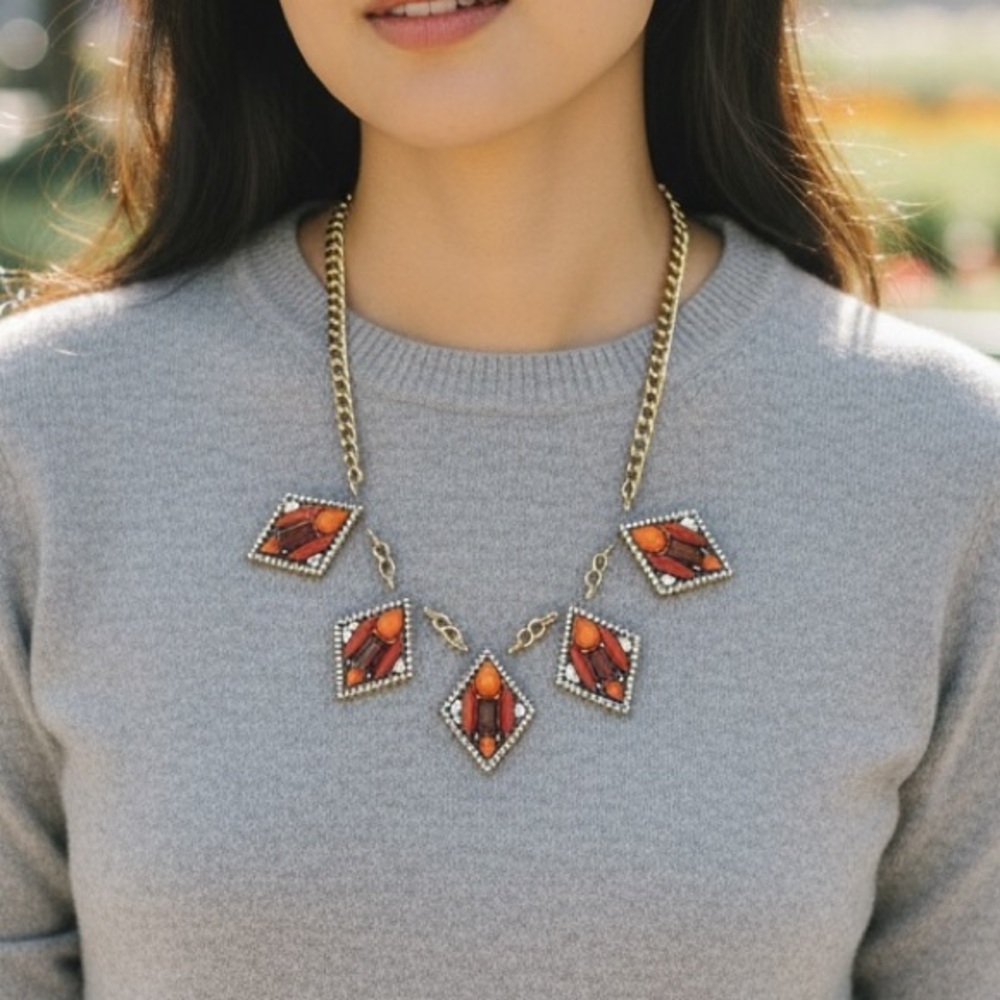 J. Crew Y2K Chunky Geometric Statement Chain Necklace Orange & Brass Tone